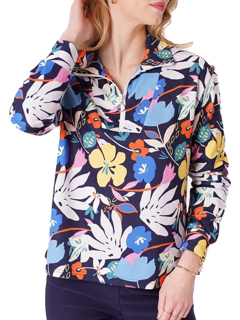 LOFT Floral Print Long-Sleeve Pullover Half Top Black Navy Multicolor Gold Zip M